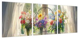 Obraz - Bukiet przy oknie (z zegarem) (90x30 cm)