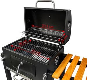 Grill węglowy z żeliwnym rusztem i drewnianą półką 113,5x50x107 cm ogrodowy XXL z pokrywą