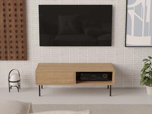Mała drewniana szafka pod TV 120 x 45 cm z zaokrąglonymi bokami styl loft Po prawej