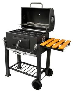 Grill węglowy z żeliwnym rusztem i drewnianą półką 113,5x50x107 cm ogrodowy XXL z pokrywą
