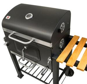 Grill węglowy z żeliwnym rusztem i drewnianą półką 113,5x50x107 cm ogrodowy XXL z pokrywą