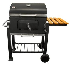 Grill węglowy z żeliwnym rusztem i drewnianą półką 113,5x50x107 cm ogrodowy XXL z pokrywą
