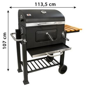Grill węglowy z żeliwnym rusztem i drewnianą półką 113,5x50x107 cm ogrodowy XXL z pokrywą
