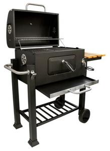 Grill węglowy z żeliwnym rusztem i drewnianą półką 113,5x50x107 cm ogrodowy XXL z pokrywą