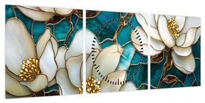Obraz - Witraż z magnolią (z zegarem) (90x30 cm)