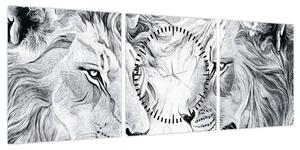 Obraz - Rysowane lwie głowy (z zegarem) (90x30 cm)