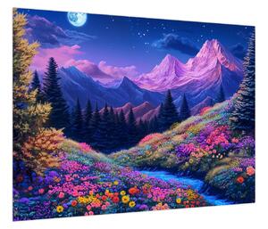 Obraz - Fioletowy krajobraz przy pełni księżyca (70x50 cm)