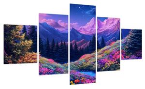 Obraz - Fioletowy krajobraz przy pełni księżyca (125x70 cm)