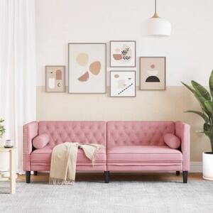 Sofa chesterfield z waÅkami, trzyosobowa, rÃ³Å¼owa, aksamit