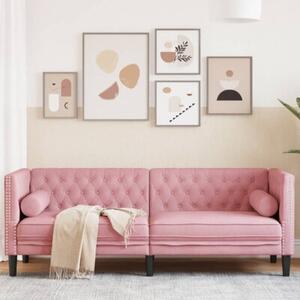 Sofa chesterfield z waÅkami, trzyosobowa, rÃ³Å¼owa, aksamit