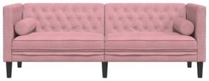 Sofa chesterfield z waÅkami, trzyosobowa, rÃ³Å¼owa, aksamit