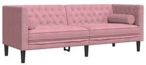 Sofa chesterfield z waÅkami, trzyosobowa, rÃ³Å¼owa, aksamit