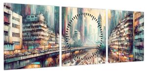 Obraz - Życie w wielkim mieście (z zegarem) (90x30 cm)