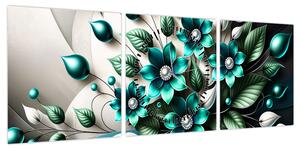 Obraz - 3D turkusowe kwiaty (z zegarem) (90x30 cm)