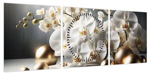 Obraz - Orchidea i złote kule (z zegarem) (90x30 cm)