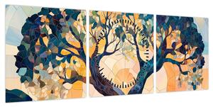 Obraz – Mozaika – słońce i drzewo II. (z zegarem) (90x30 cm)