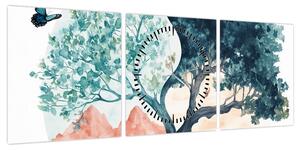 Obraz – Akwarelowe drzewo pełne życia (z zegarem) (90x30 cm)