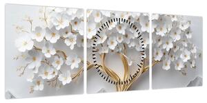 Obraz – Eleganckie drzewo życia 3D pełne kwiatów (z zegarem) (90x30 cm)