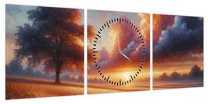 Obraz – Zachód słońca na polu (z zegarem) (90x30 cm)