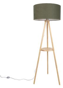 Drewniana lampa podłogowa na trójnogu z zielonym abażurem 50 cm - Lou