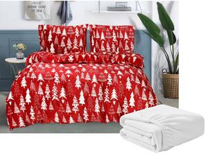 Zestaw pościeli z mikropluszu CHRISTMAS TREES czerwony + prześcieradło z mikropluszu SOFT 180x200 cm biały, łóżko podwójne