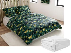 Zestaw pościeli z mikropluszu YELLOW BUTTERFLY ciemnozielony + prześcieradło z mikropluszu SOFT 180x200 cm białe, podwójne łóżko