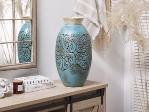 Boho dekoracyjny wazon z terakoty turkusowy wzór kwiatowy ręcznie robiony Eleusis Beliani