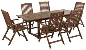 Rustykalny zestaw jadalniany ogrodowy drewno akacjowe rozkładany stół 6 krzeseł regulowane oparcia ciemne Amantea Beliani