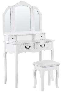 Retro toaletka 4 szuflady lustro z 2 skrzydłami stołkiem biały Fleur Beliani