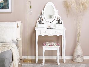 Toaletka do sypialni z lustrem i siedziskiem retro styl biała Amour Beliani