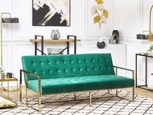 Sofa rozkładana welurowa złota rama 3-osobowa pikowana zielona Marstal Beliani