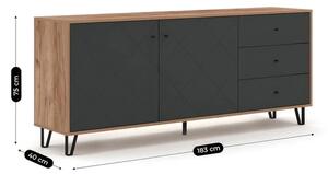 Komoda Dwudrzwiowa z Szufladami BACARDI 183 cm Dąb Craft Tobacco/Grafit Nowoczesna