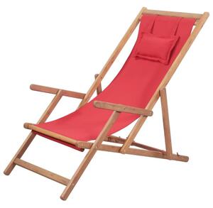 Składany leżak plażowy, tkanina i drewniana rama, czerwony