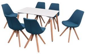 Zestaw mebli do jadalni 7 elementów biały stół i pokryte tkaniną niebieskie krzesła