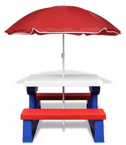 Stół dla dzieci z ławkami i parasolem, wielokolorowy