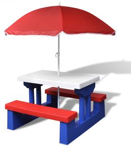 Stół dla dzieci z ławkami i parasolem, wielokolorowy