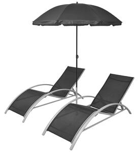 Leżaki z parasolem, aluminiowe, czarne
