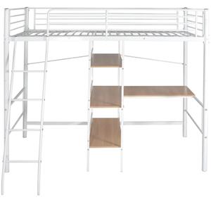 Łóżko wysokie z biurkiem, biało-brązowe, metalowe, 90x200 cm