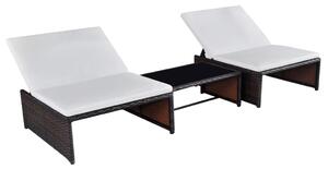 Leżaki ze stolikiem, 2 szt., polirattan, brązowe