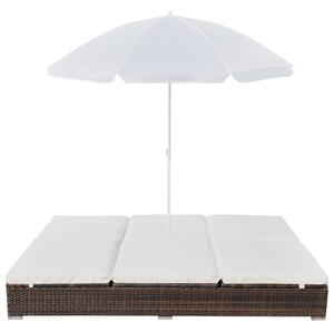 Leżak ogrodowy z parasolem, polirattan, brązowy