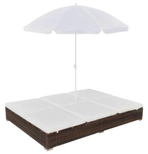 Leżak ogrodowy z parasolem, polirattan, brązowy