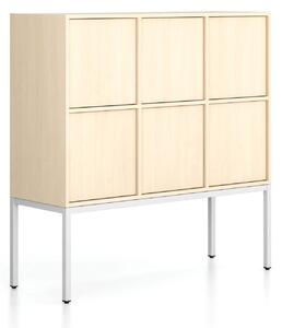 Szafa biurowa FRAME, niska, podstawa biała, 6x drzwi, 1299 x 450 x 1331 mm, PUSH-lock, brzoza