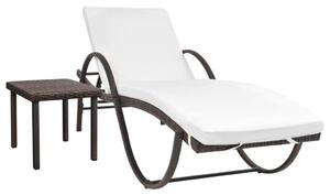 Leżak z poduszką i stolikiem, polirattan, brązowy