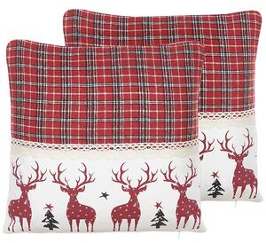 Zestaw 2 poduszek dekoracyjnych krata w renifery 45 x 45cm czerwono-biały Robbie Beliani