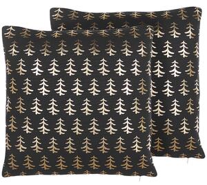Zestaw 2 poduszek bawełniany złoty nadruk w choinki 45 x 45 cm czarny Leroy Beliani