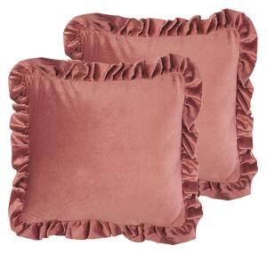 Zestaw 2 poduszek dekoracyjnych welurowy 42 x 42 cm z falbankami różowy Kalanchoe Beliani