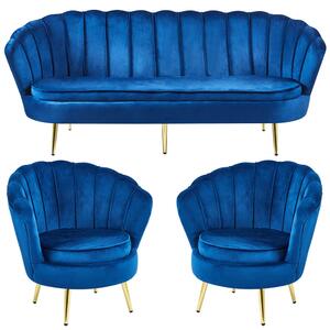 EMWOmeble Zestaw Glamour: sofa 1,8m i 2 fotele muszelki ELIF granatowy welur #64, złote nogi