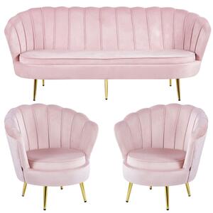 EMWOmeble Zestaw Glamour: sofa 1,8m i 2 fotele muszelki ELIF różowy welur #12, złote nogi