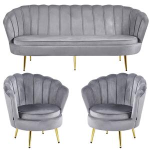 EMWOmeble Zestaw Glamour: sofa 1,8m i 2 fotele muszelki ELIF szary welur #19, złote nogi
