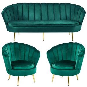 EMWOmeble Zestaw Glamour: sofa 1,8m i 2 fotele muszelki ELIF zielony welur #56, złote nogi